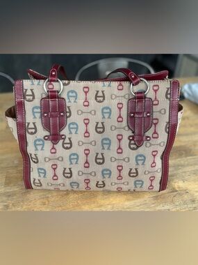 Etienne Aigner Beige Canvas Tote with Burgundy Leather Trim and Multicolor Motif
